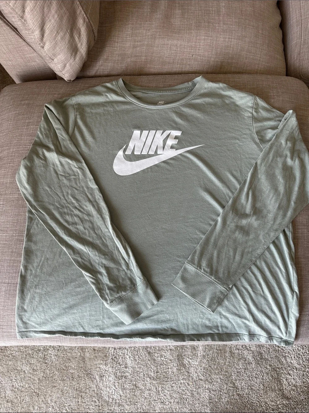 Nike Long Sleeve Crew Tee in Sage Green with White Swoosh - 100% Cotton